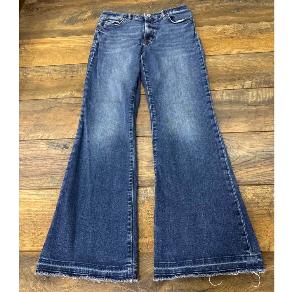 Gap Kids 70s Flare High Rise Jeans Blue Medium Wash Frayed Hem Size 16 Stretch